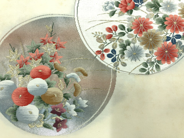 JAPANESE KIMONO / ANTIQUE NAGOYA OBI / WOVEN ROUNDEL WITH FLOWERS